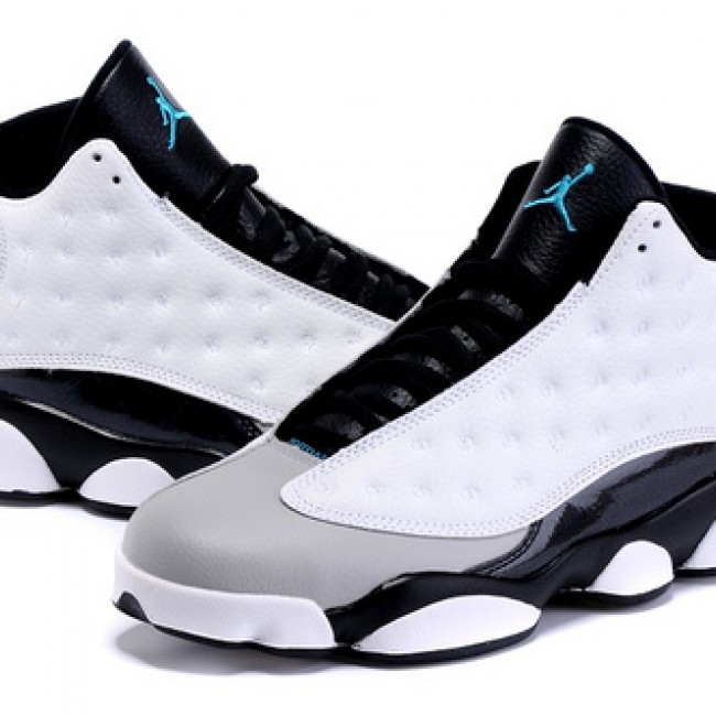 AJ13- A Men's Air Jordan 13 Retro Sneakers in White and Black with Red Accents